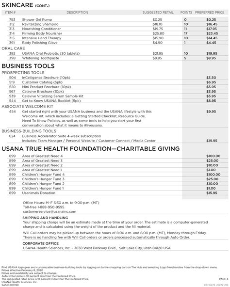 usana price list